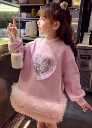 Boutique Pink Sequins Warm Fleece Kids Mid Sweatshirts Dress Spring