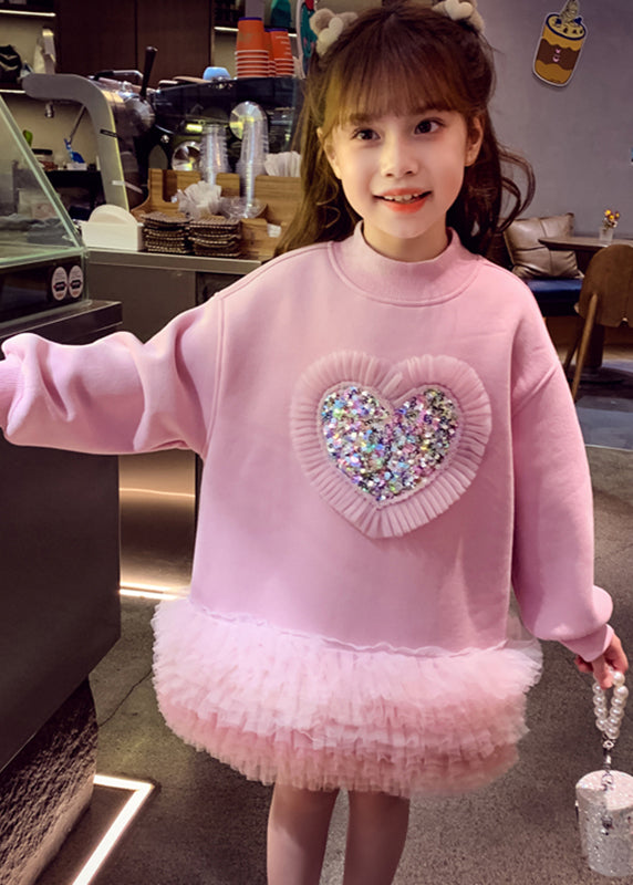 Boutique Pink Sequins Warm Fleece Kids Mid Sweatshirts Dress Spring