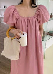 Boutique Pink Square Collar Wrinkled Patchwork Cotton Dresses Summer