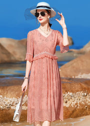 Boutique Pink V Neck Embroideried Ruffles Silk Long Dress Half Sleeve