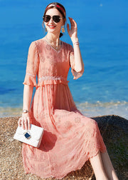 Boutique Pink V Neck Embroideried Ruffles Silk Long Dress Half Sleeve