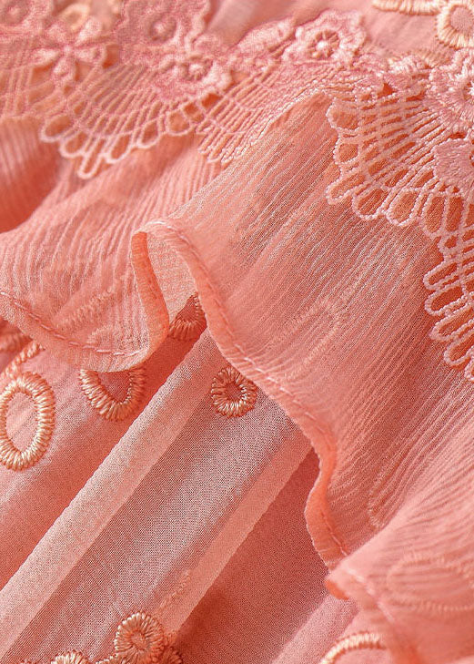 Boutique Pink V Neck Embroideried Ruffles Silk Long Dress Half Sleeve