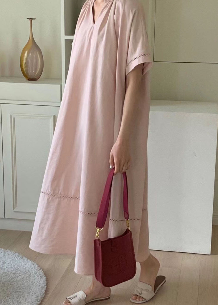 Boutique Pink V Neck Patchwork Hollow Out Cotton Loose Dress Summer