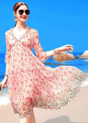 Boutique Pink V Neck Ruffled Print Silk Beach Dresses Half Sleeve