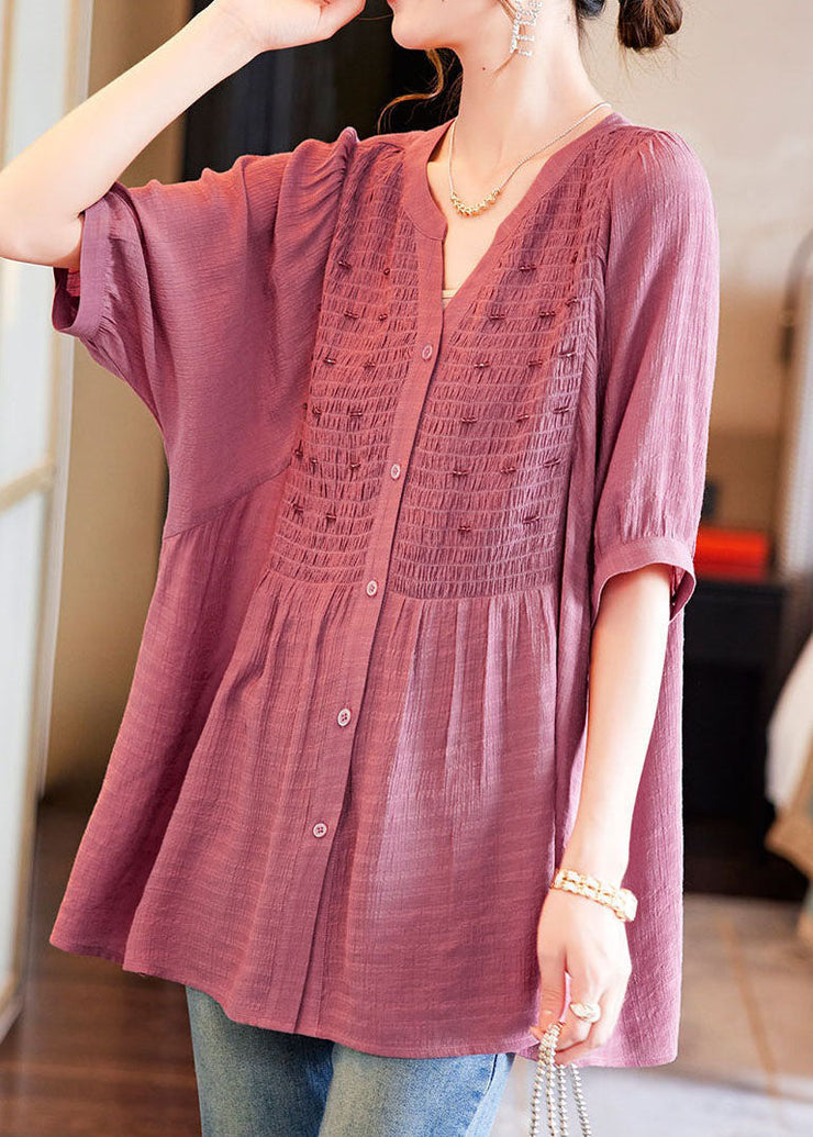 Boutique Pink V Neck Wrinkled Nail Bead Patchwork Cotton Shirt Top Summer