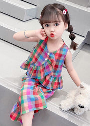 Boutique Plaid Ruffled Tops And Pants Cotton Kids Girls Two Pieces Set Sleeveless