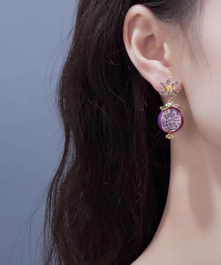 Boutique Purple Copper Zircon Drip Glaze Pomegranate Flower Drop Earrings