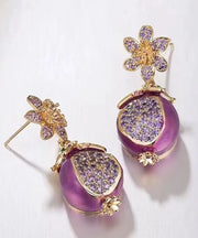 Boutique Purple Copper Zircon Drip Glaze Pomegranate Flower Drop Earrings