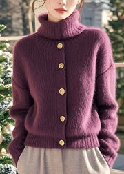 Boutique Purple Hign Neck Button Woolen Knit Sweaters Spring