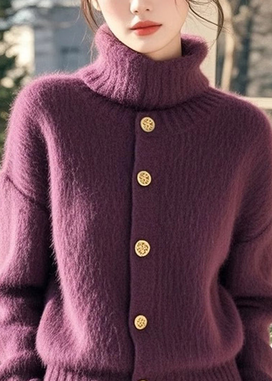 Boutique Purple Hign Neck Button Woolen Knit Sweaters Spring