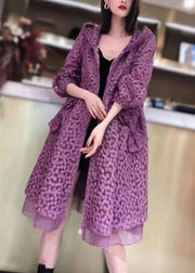 Boutique Purple Hooded Pockets Drawstring Patchwork Lace Trench Fall