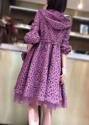 Boutique Purple Hooded Pockets Drawstring Patchwork Lace Trench Fall