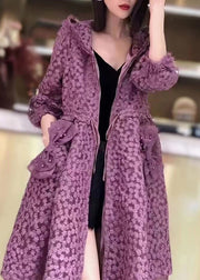 Boutique Purple Hooded Pockets Drawstring Patchwork Lace Trench Fall