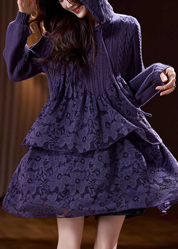 Boutique Purple Knit Patchwork Hooded Mid Dress Spring