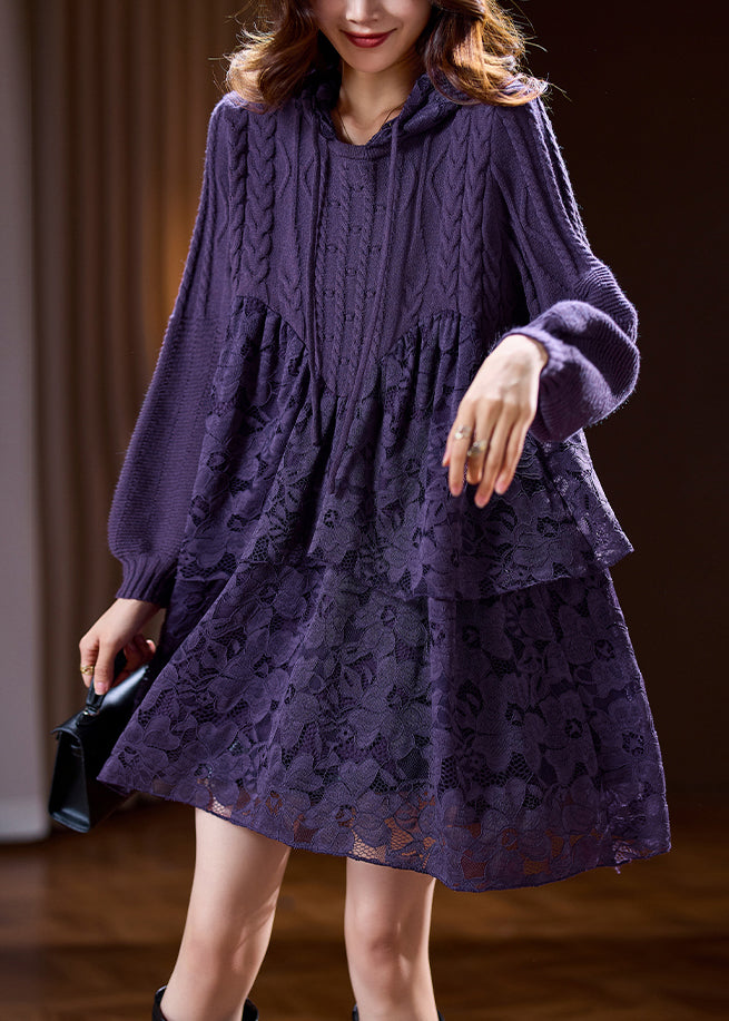 Boutique Purple Knit Patchwork Hooded Mid Dress Spring