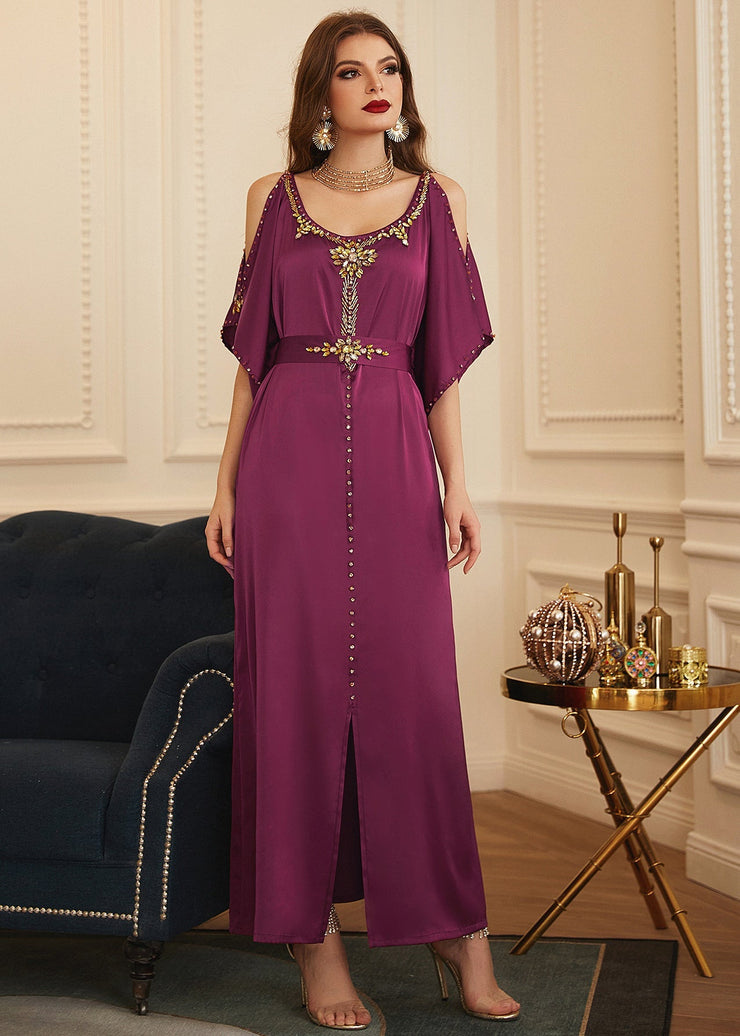 Boutique Purple O-Neck Patchwork Cold Shoulder Slim Silk Holiday Long Dress Summer