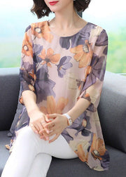 Boutique Purple O Neck Print Patchwork Chiffon T Shirt Top Summer