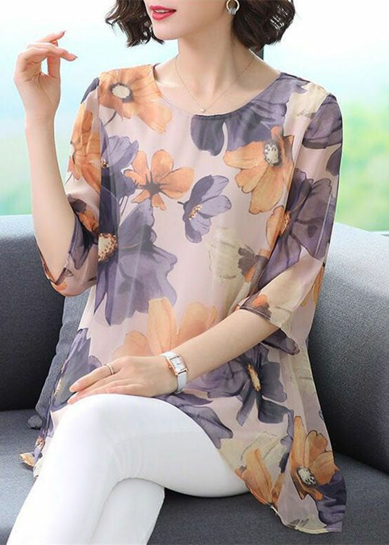 Boutique Purple O Neck Print Patchwork Chiffon T Shirt Top Summer