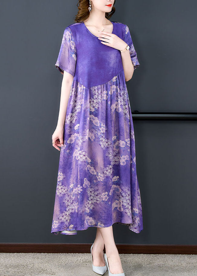 Boutique Purple O Neck Print Wrinkled Patchwork Silk Dress Summer