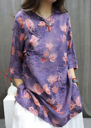 Boutique Purple Print Chinese Button Linen Shirt Summer