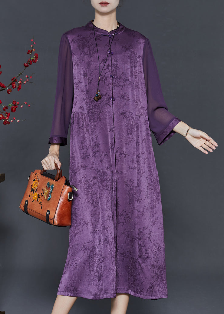 Boutique Purple Print Chinese Button Silk Dresses Summer