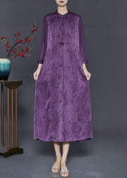 Boutique Purple Print Chinese Button Silk Dresses Summer