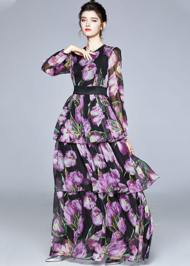 Boutique Purple Print O-Neck Layered Design Chiffon Long Dresses Fall