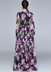 Boutique Purple Print O-Neck Layered Design Chiffon Long Dresses Fall