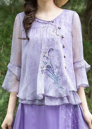 Boutique Purple Ruffled Embroidered Chiffon Blouse Tops Summer