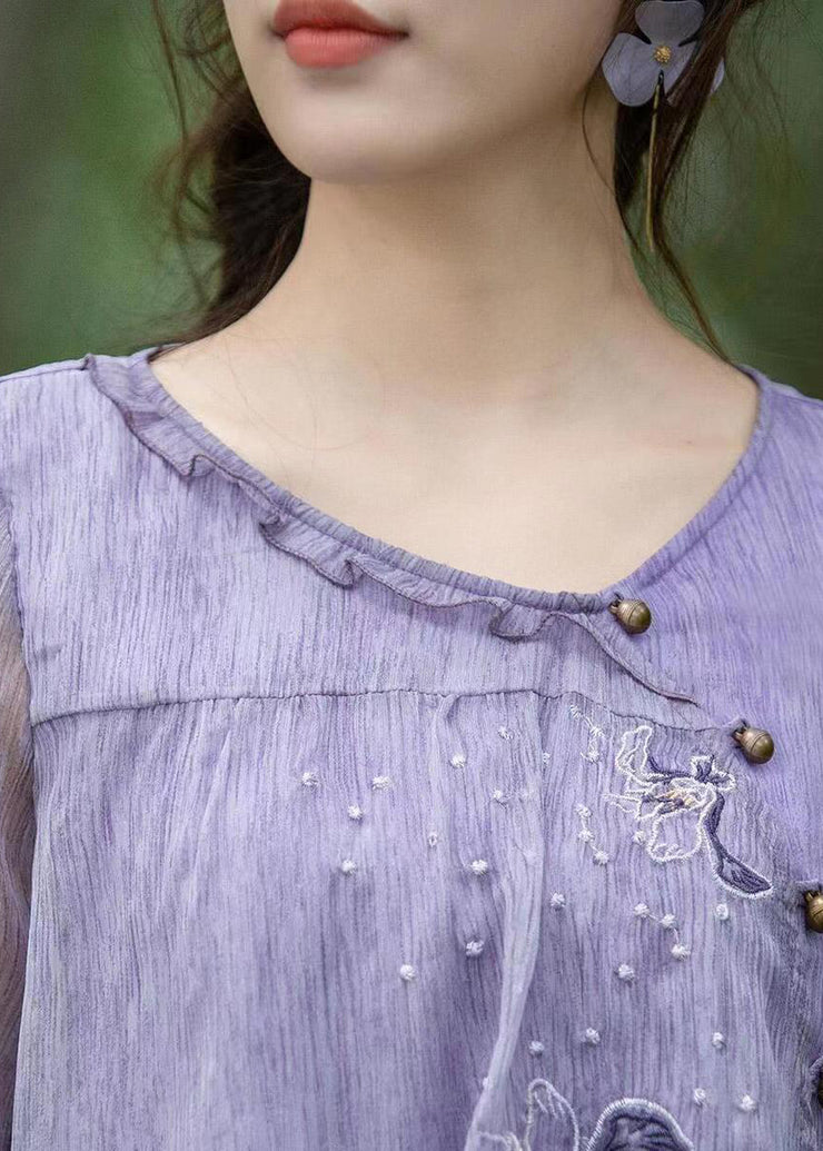Boutique Purple Ruffled Embroidered Chiffon Blouse Tops Summer