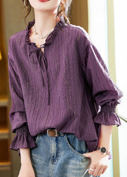 Boutique Purple Ruffled Zircon Lace Up Patchwork Chiffon Shirt Fall