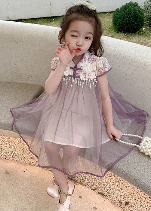 Boutique Purple Tasseled Bow Patchwork Tulle Kids Girls Dress Summer