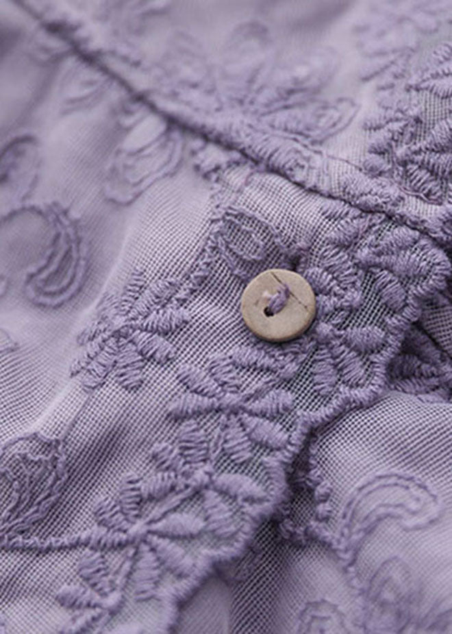 Boutique Purple V Neck Embroideried Patchwork Lace Top Long Sleeve