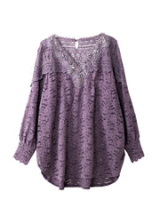 Boutique Purple V Neck Nail Bead Hollow Out Lace Top Spring