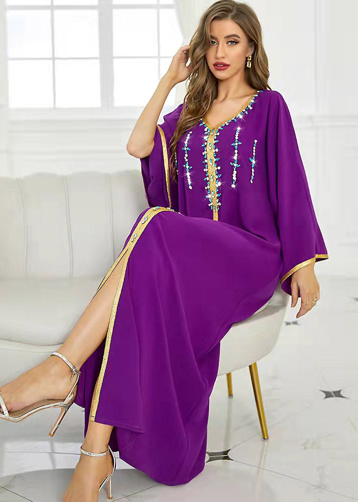 Boutique Purple V Neck Patchwork Zircon Tie Waist Button Maxi Dresses Fall