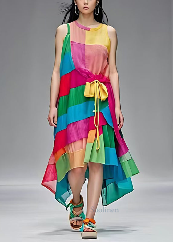 Boutique Rainbow Asymmetrical Patchwork Cotton Dress Summer