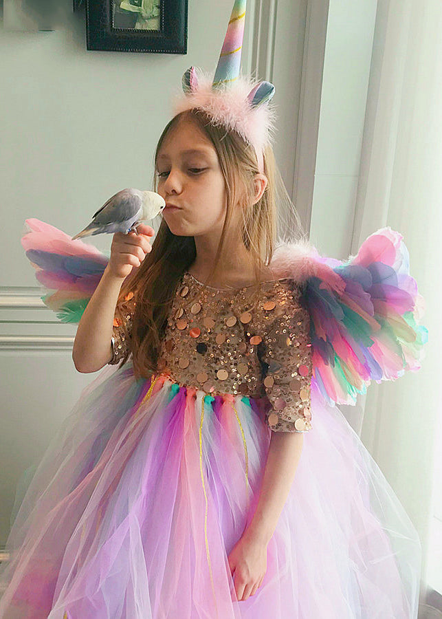 Boutique Rainbow O-Neck Sequins Tulle Kids Maxi Dresses Half Sleeve