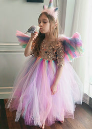 Boutique Rainbow O-Neck Sequins Tulle Kids Maxi Dresses Half Sleeve