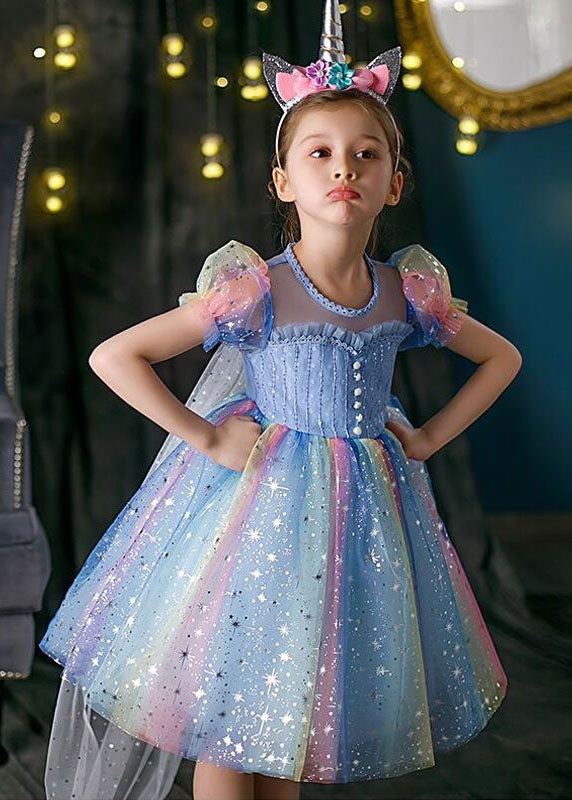 Boutique Rainbow Puff Sleeve Sequins Patchwork Tulle Baby Girls Dress Summer