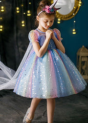 Boutique Rainbow Puff Sleeve Sequins Patchwork Tulle Baby Girls Dress Summer