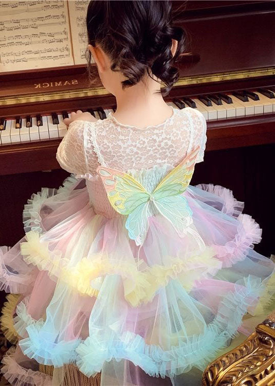 Boutique Rainbow Ruffled Butterfly Patchwork Tulle Kids Girls Dresses Sleeveless