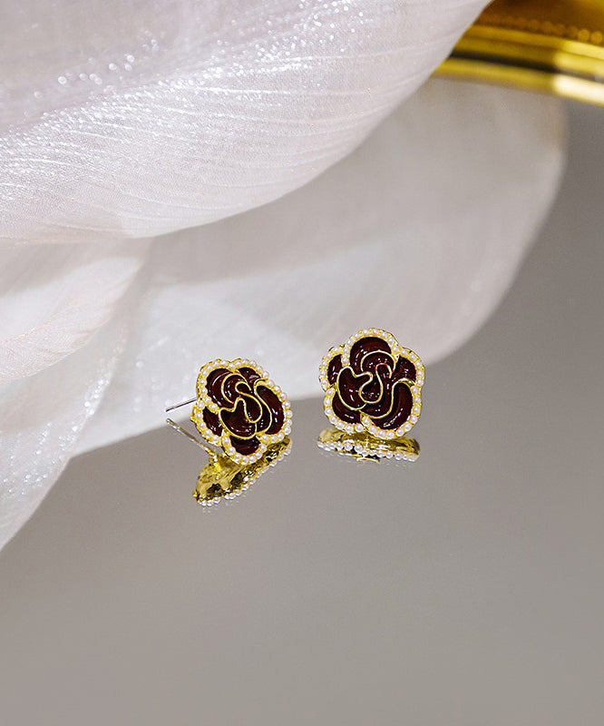 Boutique Red Alloy Pearl Zircon Floral Stud Earrings