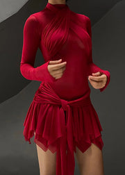 Boutique Red Asymmetrical Patchwork Tulle Dresses Long Sleeve