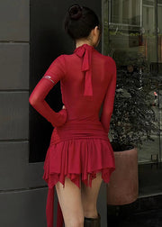 Boutique Red Asymmetrical Patchwork Tulle Dresses Long Sleeve