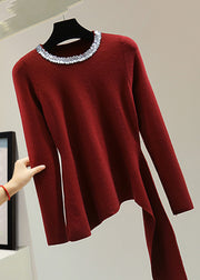 Boutique Red Asymmetrical Sequins Patchwork Cotton Knit Sweater Winter