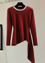 Boutique Red Asymmetrical Sequins Patchwork Cotton Knit Sweater Winter