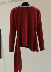 Boutique Red Asymmetrical Sequins Patchwork Cotton Knit Sweater Winter