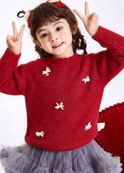 Boutique Red Bow Cotton Knit Girls Sweaters Spring