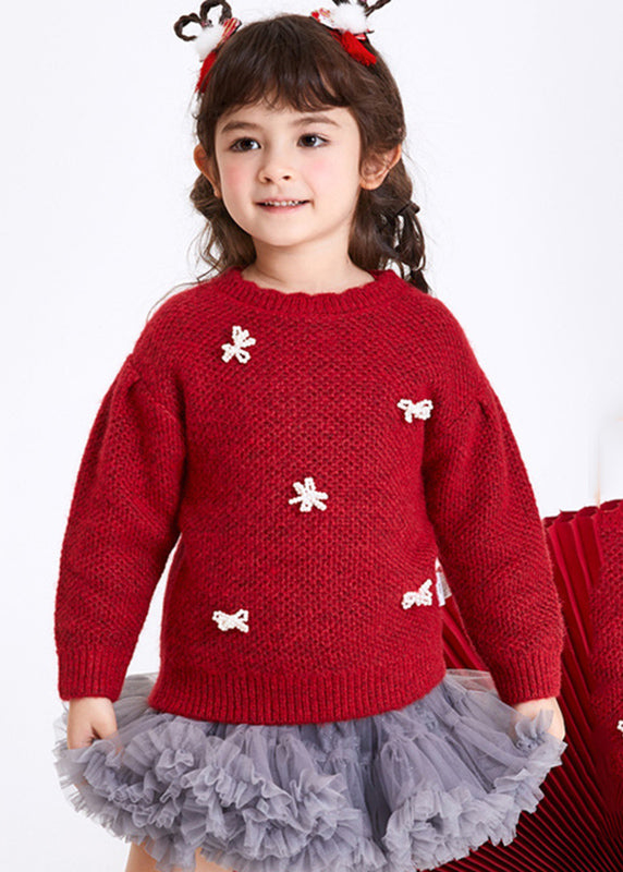 Boutique Red Bow Cotton Knit Girls Sweaters Winter