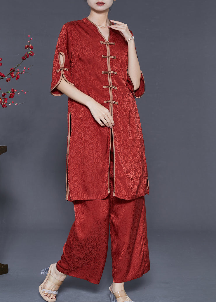 Boutique Red Chinese Button Jacquard Silk Two Piece Set Summer